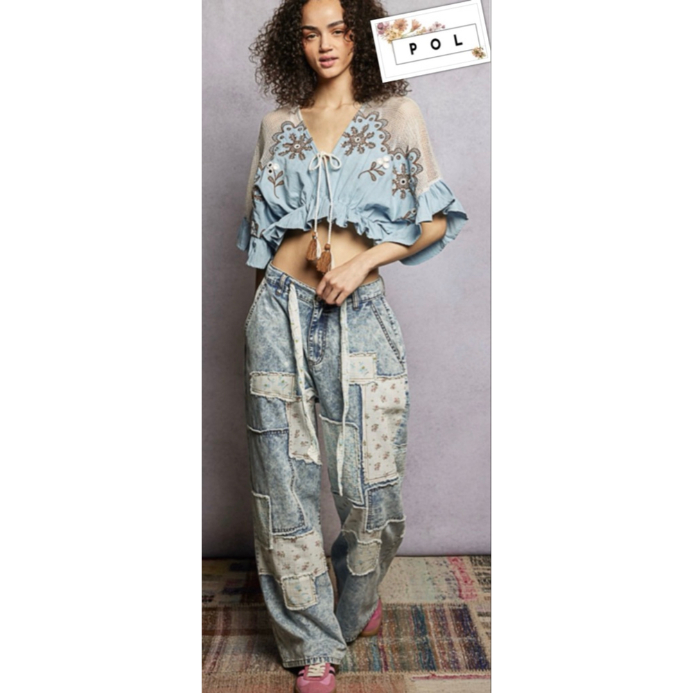 New POL Denim Patchwork Boho Chic Baggy Y2K Free People Vibe Pants Sizes M, L - Picture 9 of 9
